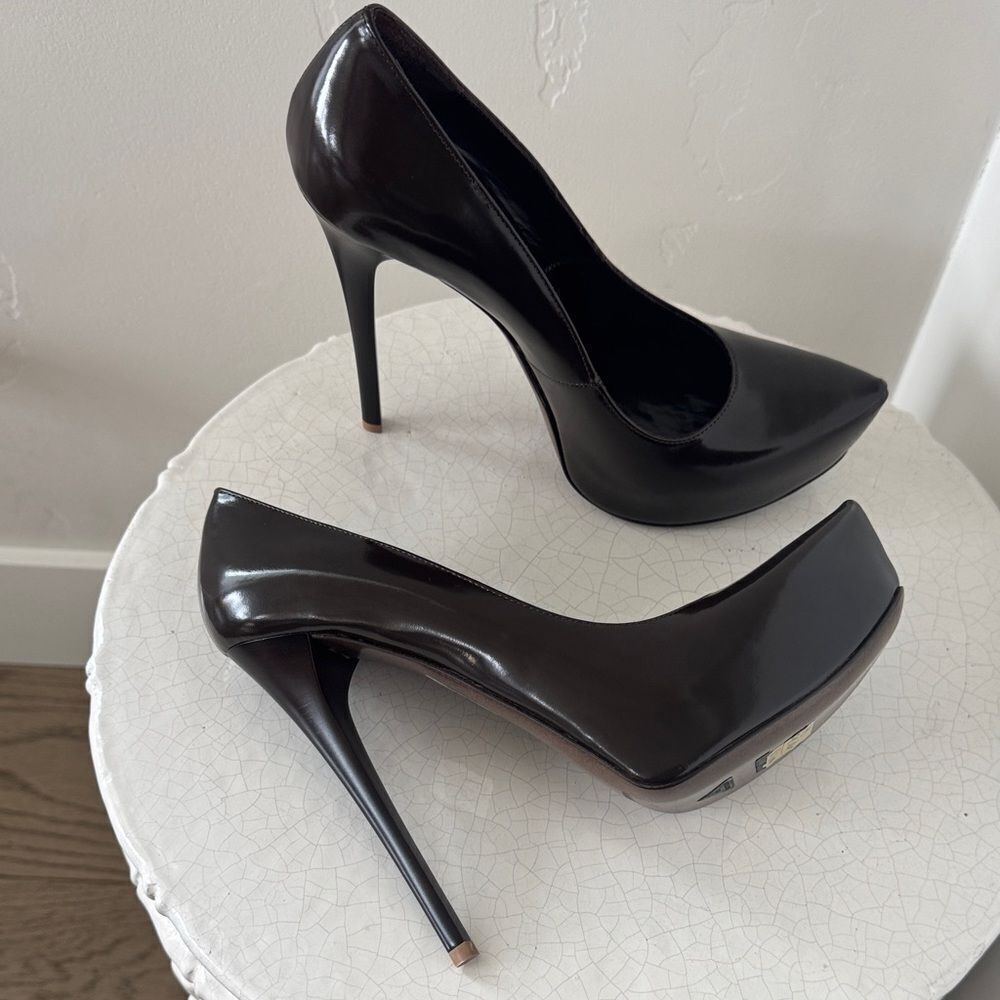 Gianmarco Lorenzi Dark Brown Leather Stiletto Heels Platform Pointed Toe Size 37